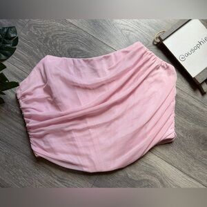Pastel Baby Pink Draped Mesh Ruched Corset Tube Top. Size L